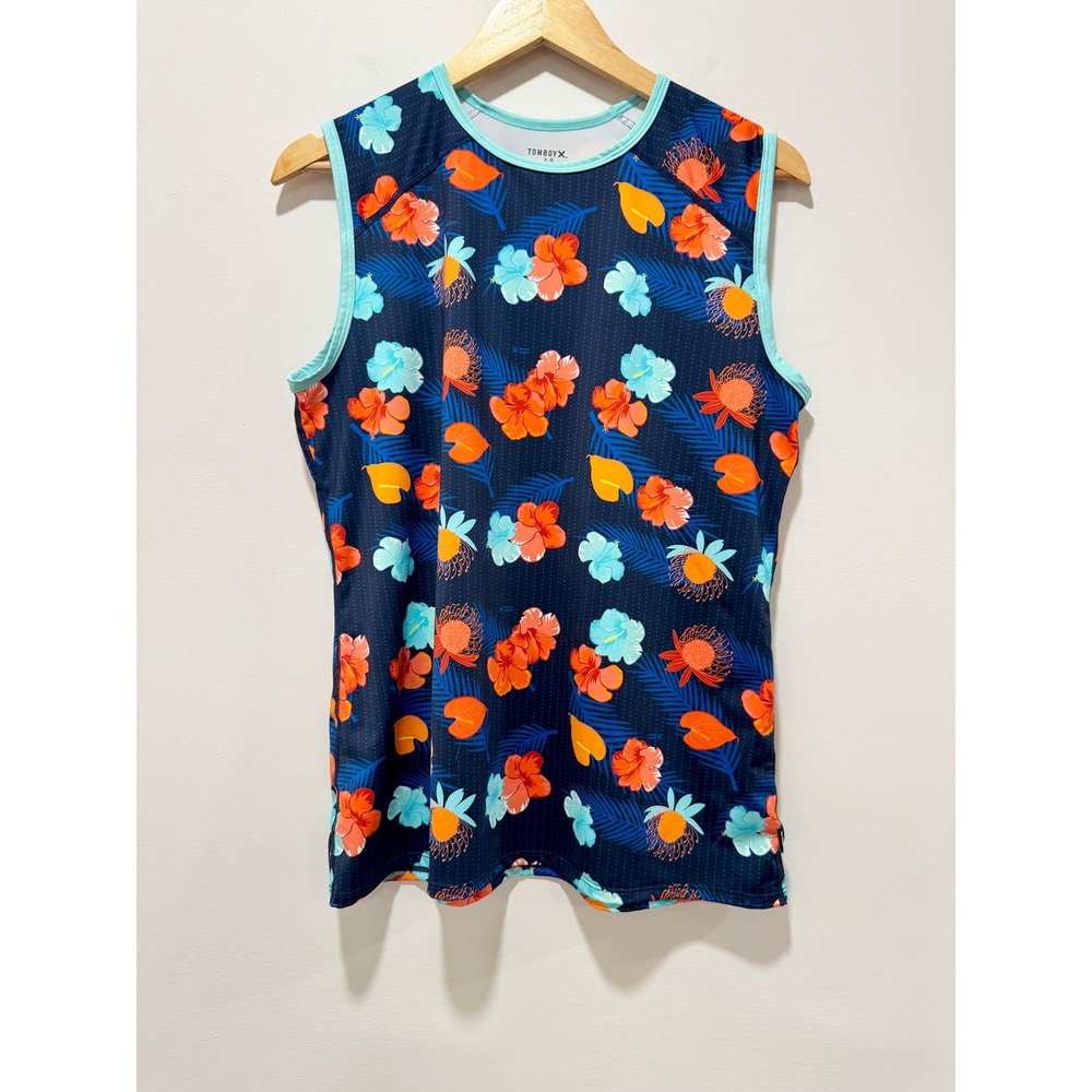 TomboyX Sleeveless Swim Tunic Tropical Floral Navy Blue XL Swimwear Top Unisex